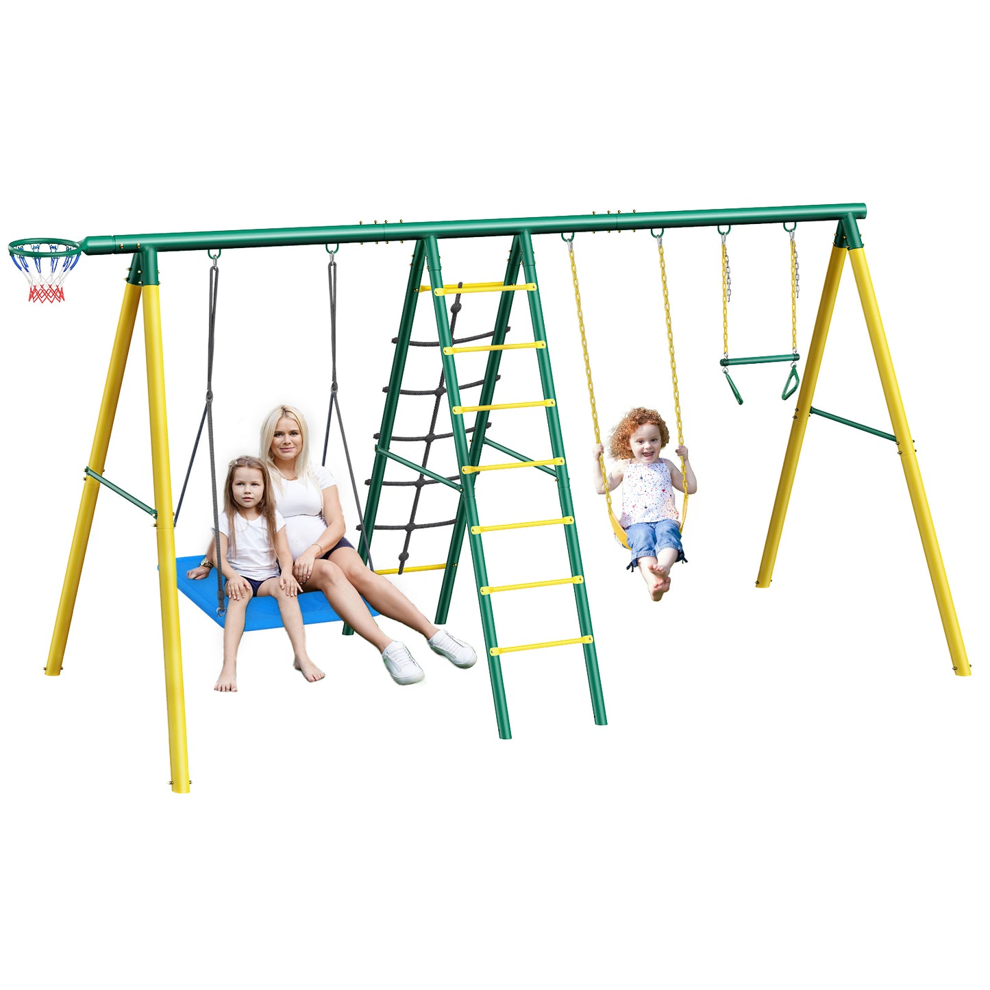 Large Metal Swing Sets for Backyard, Outdoor 6-in-1 Playground with 2 Swings, Climbing Ladder & Nets, Trapeze Bar and Basketball Hoop