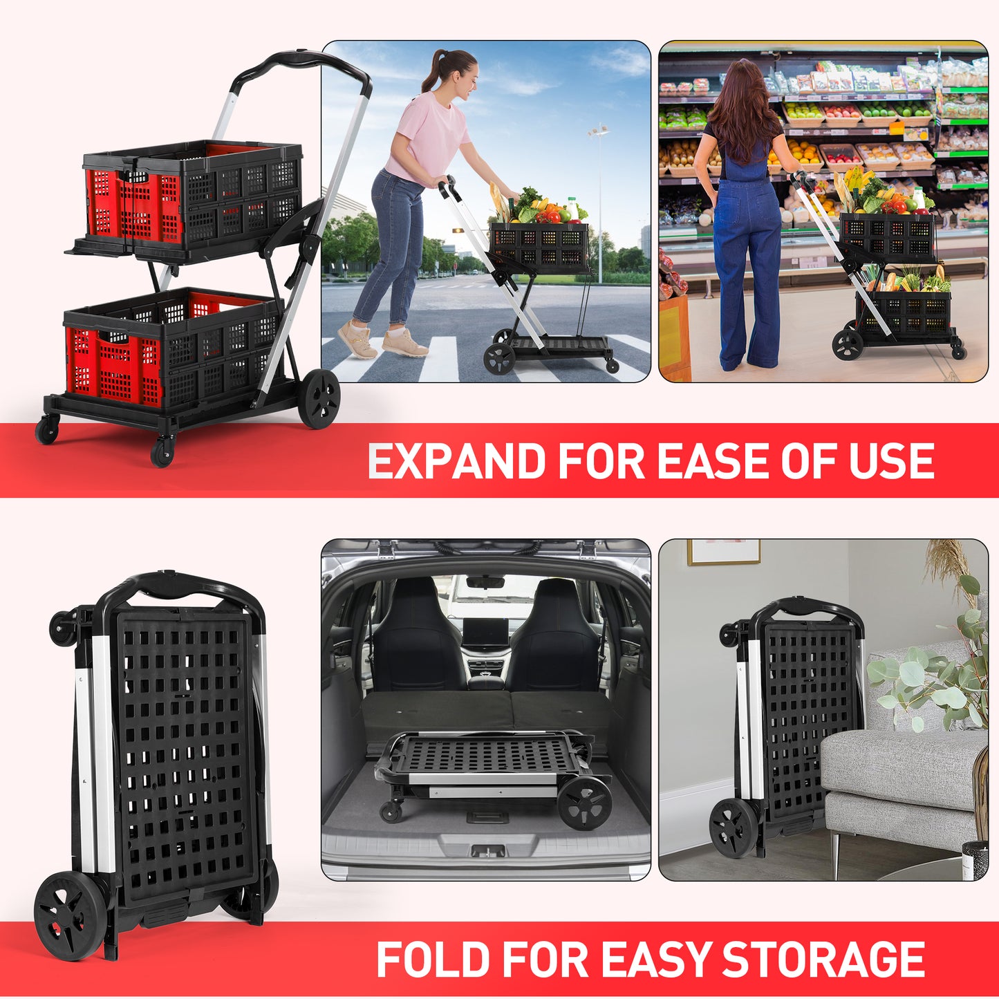 EVMORE 2-Tier Multi Use Functional Collapsible Utility Cart Adjustable Shopping Carts with Storage Crates