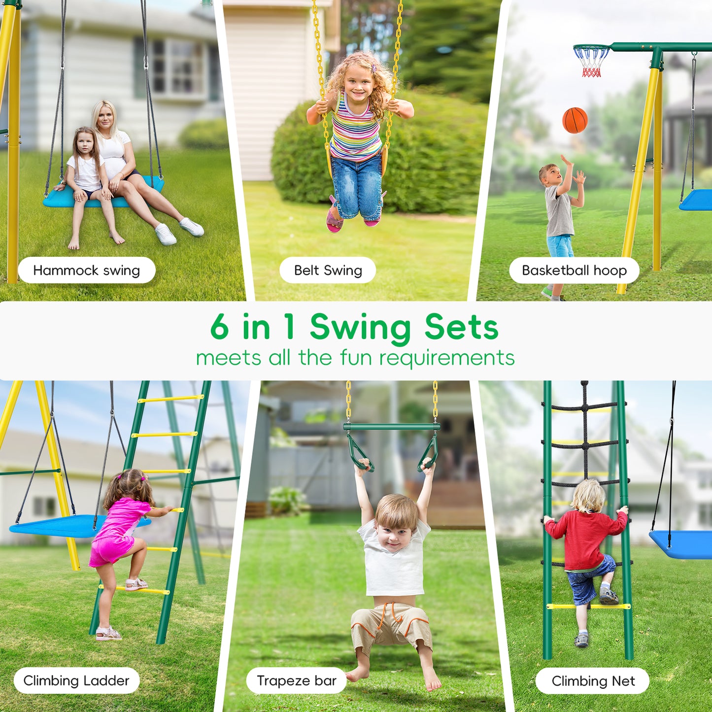 Large Metal Swing Sets for Backyard, Outdoor 6-in-1 Playground with 2 Swings, Climbing Ladder & Nets, Trapeze Bar and Basketball Hoop