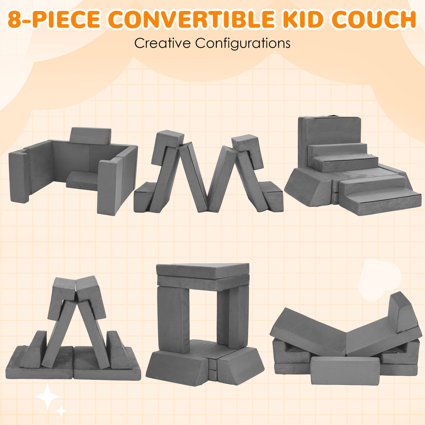 Kids Couch,EVMORE 8Pcs Modular Toddler Play Couch,Floor Sofa Imaginative Furniture Play Set for Bedroom Playroom,Convertible Folding Foam and Floor Cushion Toddlers Sofa for Creative Kids Gray