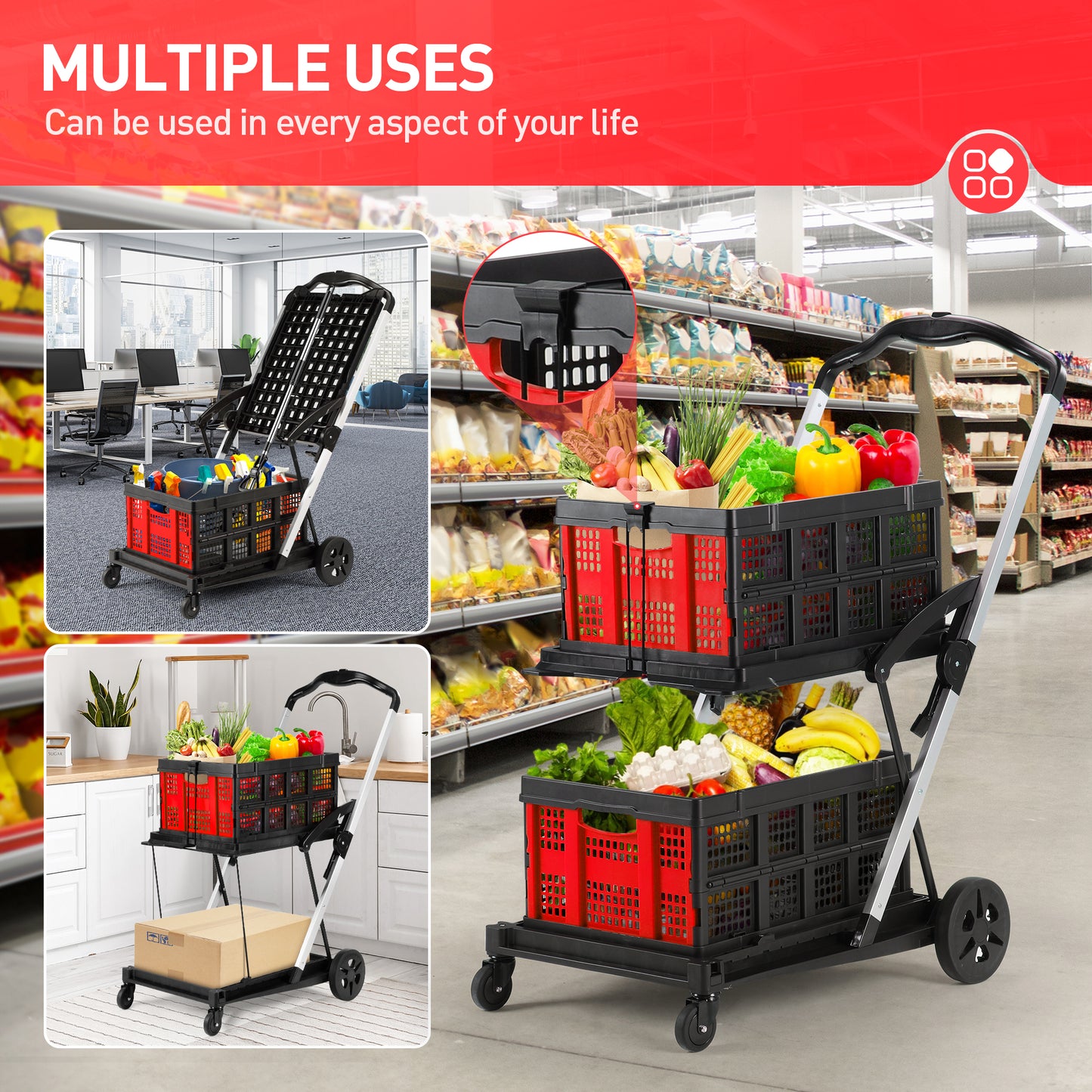 EVMORE 2-Tier Multi Use Functional Collapsible Utility Cart Adjustable Shopping Carts with Storage Crates