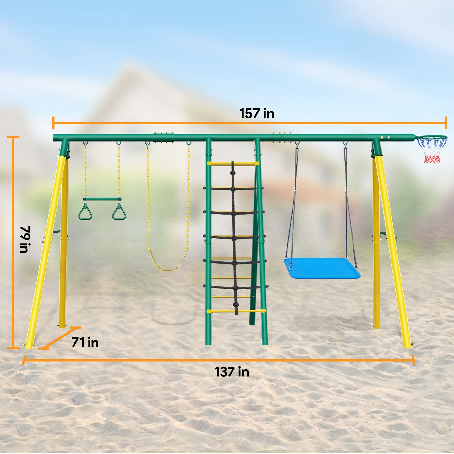 Large Metal Swing Sets for Backyard, Outdoor 6-in-1 Playground with 2 Swings, Climbing Ladder & Nets, Trapeze Bar and Basketball Hoop