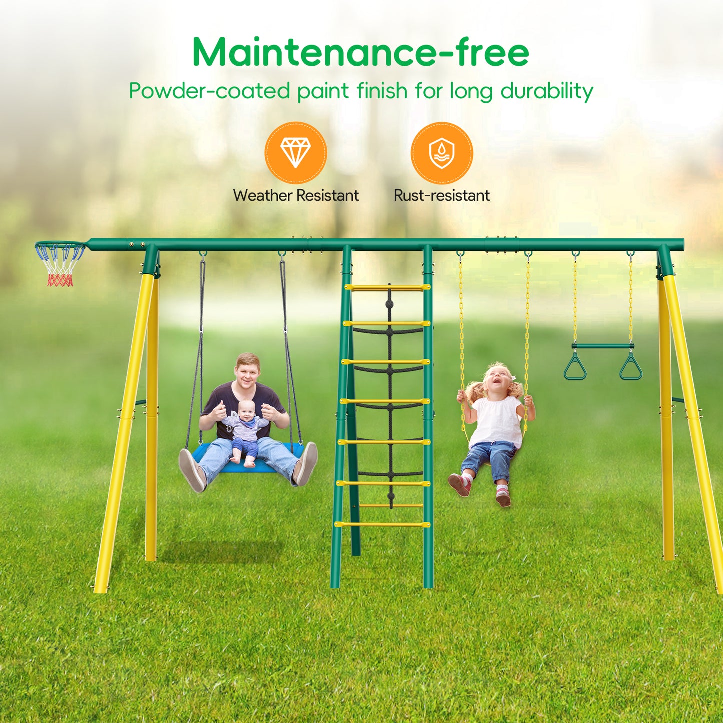 Large Metal Swing Sets for Backyard, Outdoor 6-in-1 Playground with 2 Swings, Climbing Ladder & Nets, Trapeze Bar and Basketball Hoop