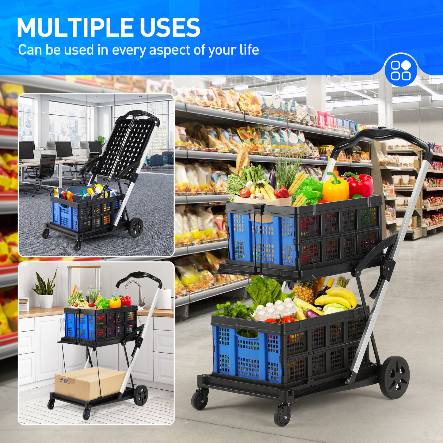 EVMORE 2-Tier Multi Use Functional Collapsible Utility Cart Adjustable Shopping Carts with Storage Crates