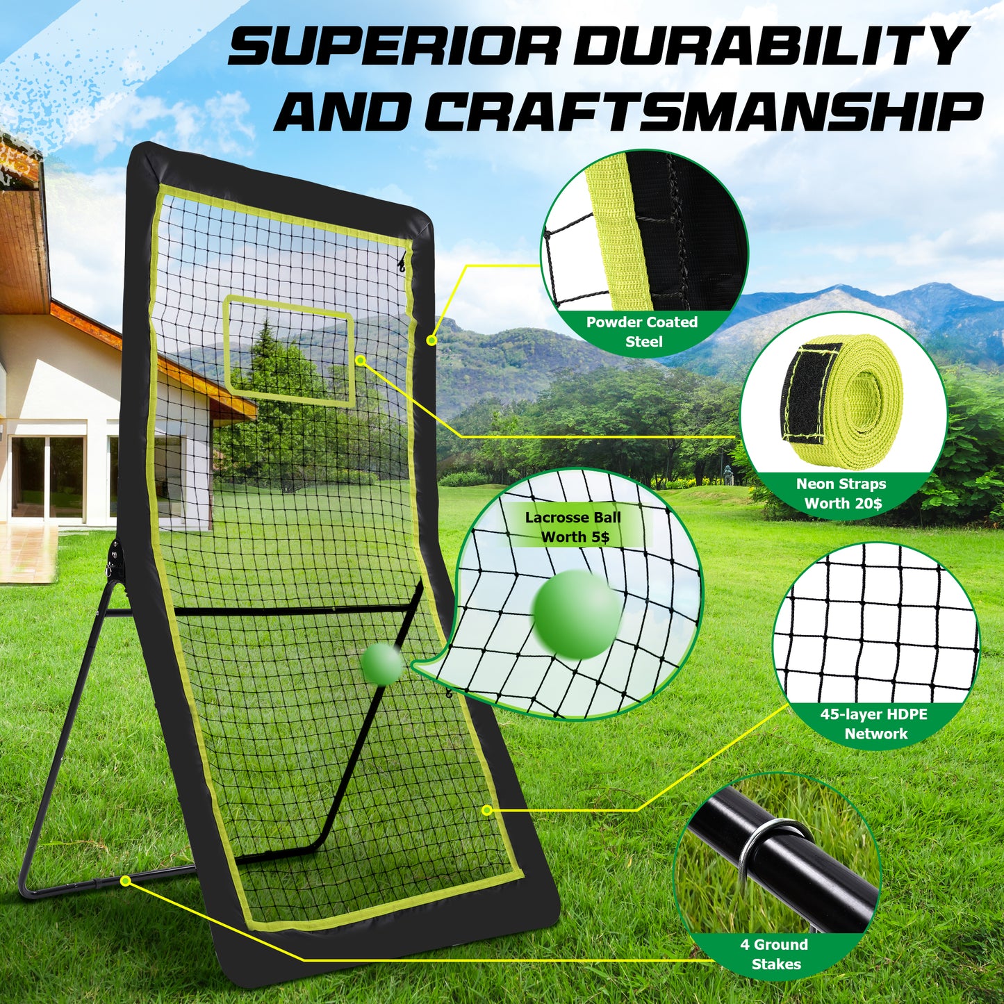 7x4ft Lacrosse Rebounder Pitchback Training Screen, Practice Catching, Throwing and Shooting