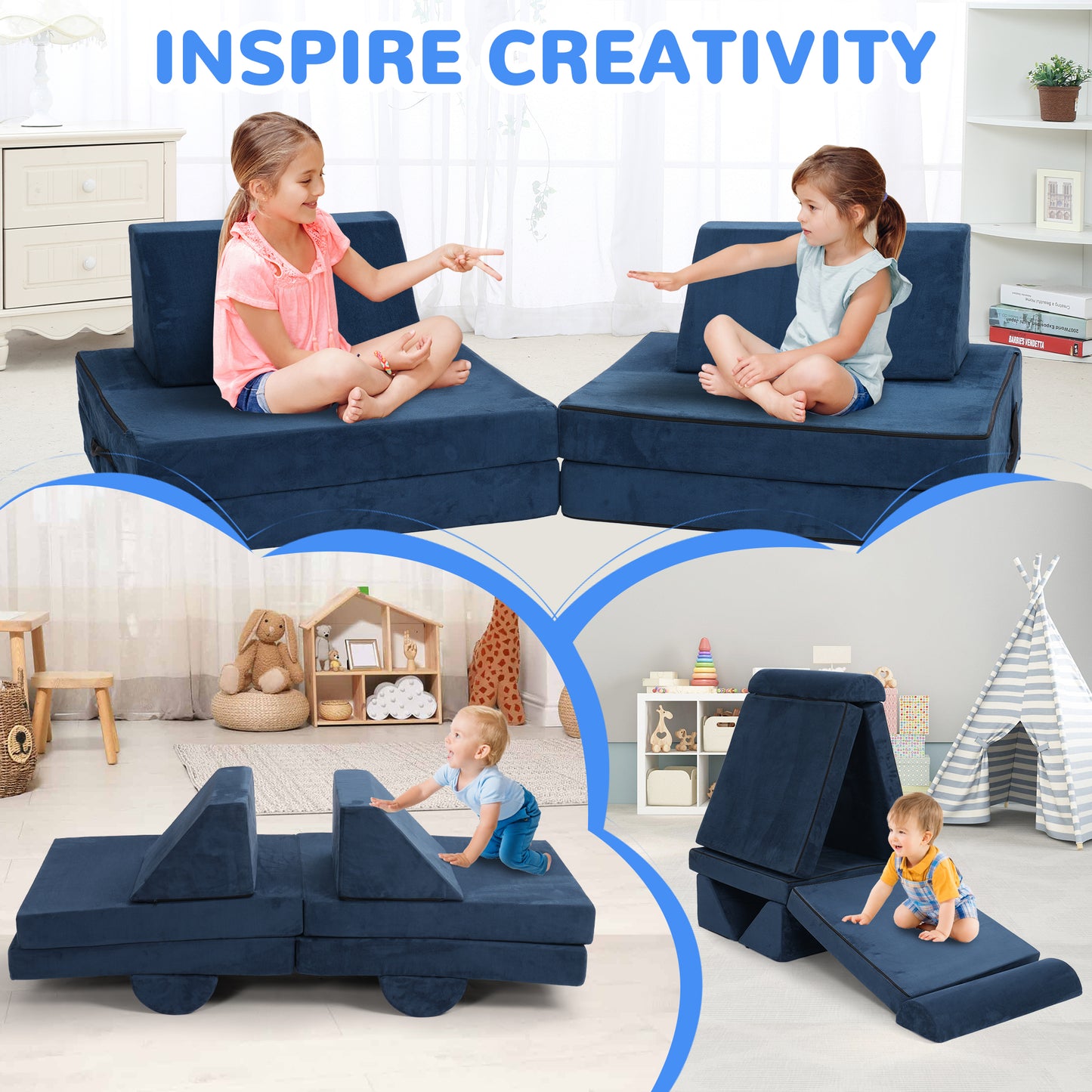 Kids Couch,EVMORE 8Pcs Modular Toddler Play Couch,Floor Sofa Imaginative Furniture Play Set for Bedroom Playroom,Convertible Folding Foam and Floor Cushion Toddlers Sofa for Creative Kids Gray