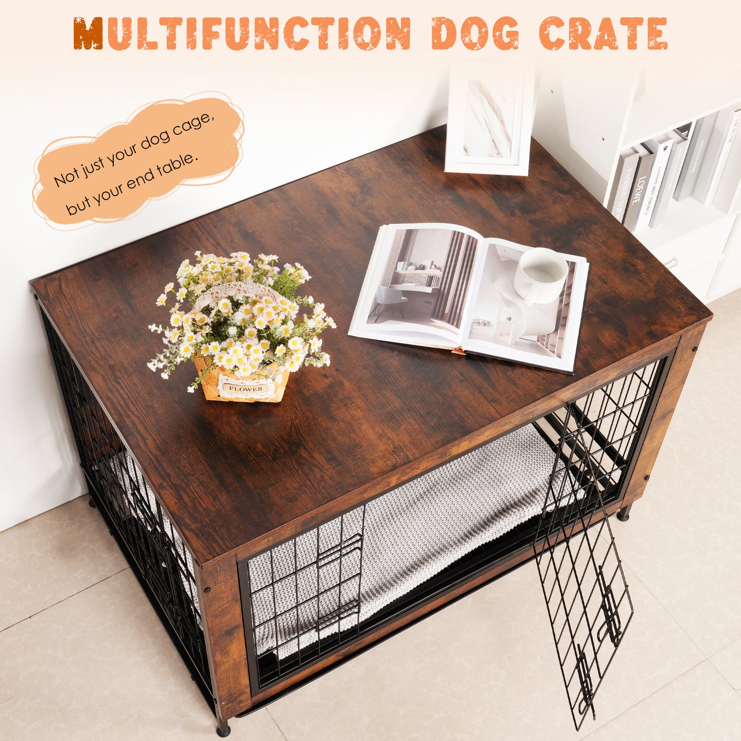 Wooden Dog Crate Furniture Kennel,EVMORE Heavy Duty Dog Crate,Double-Doors with Divider and Removable Tray,Dog Crate for Large Medium Small Dog 35.8"L x 25.6"W x 26.8"H,Brwon