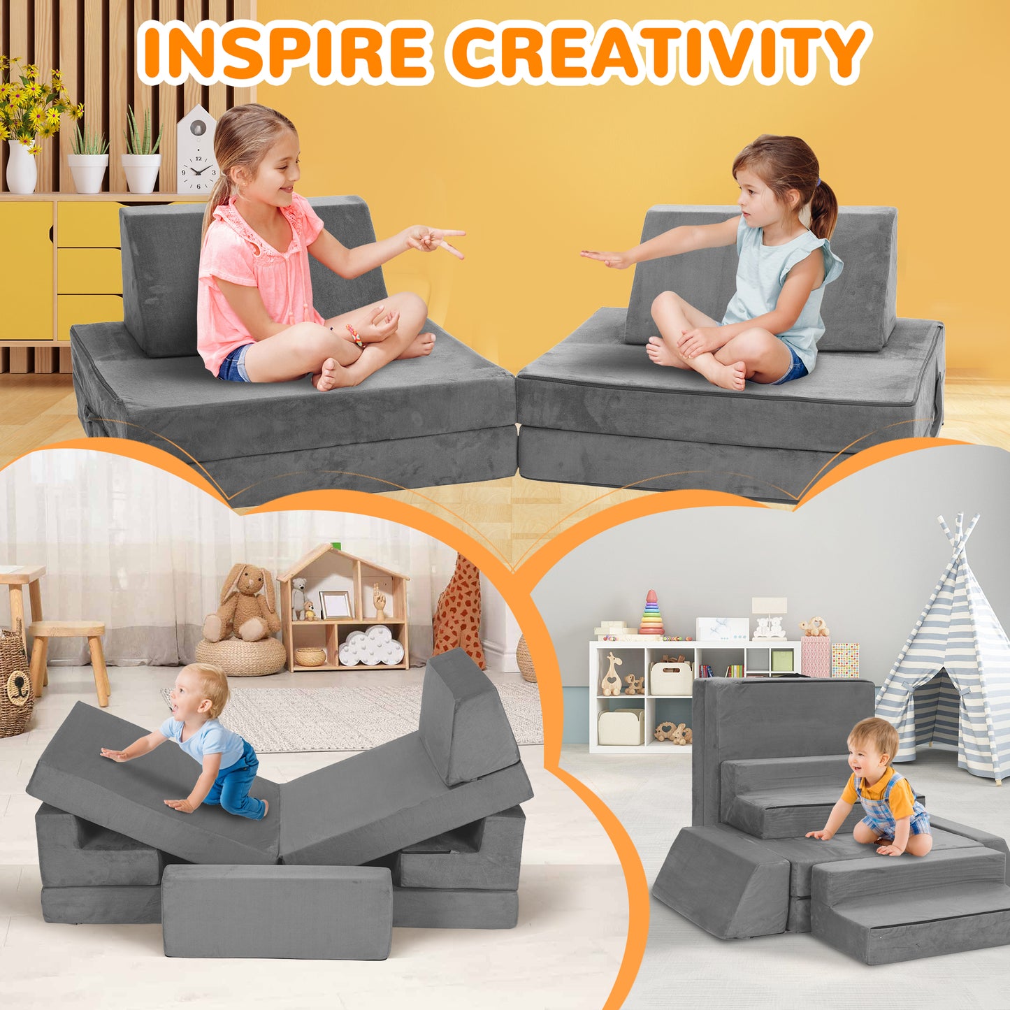 Kids Couch,EVMORE 8Pcs Modular Toddler Play Couch,Floor Sofa Imaginative Furniture Play Set for Bedroom Playroom,Convertible Folding Foam and Floor Cushion Toddlers Sofa for Creative Kids Gray