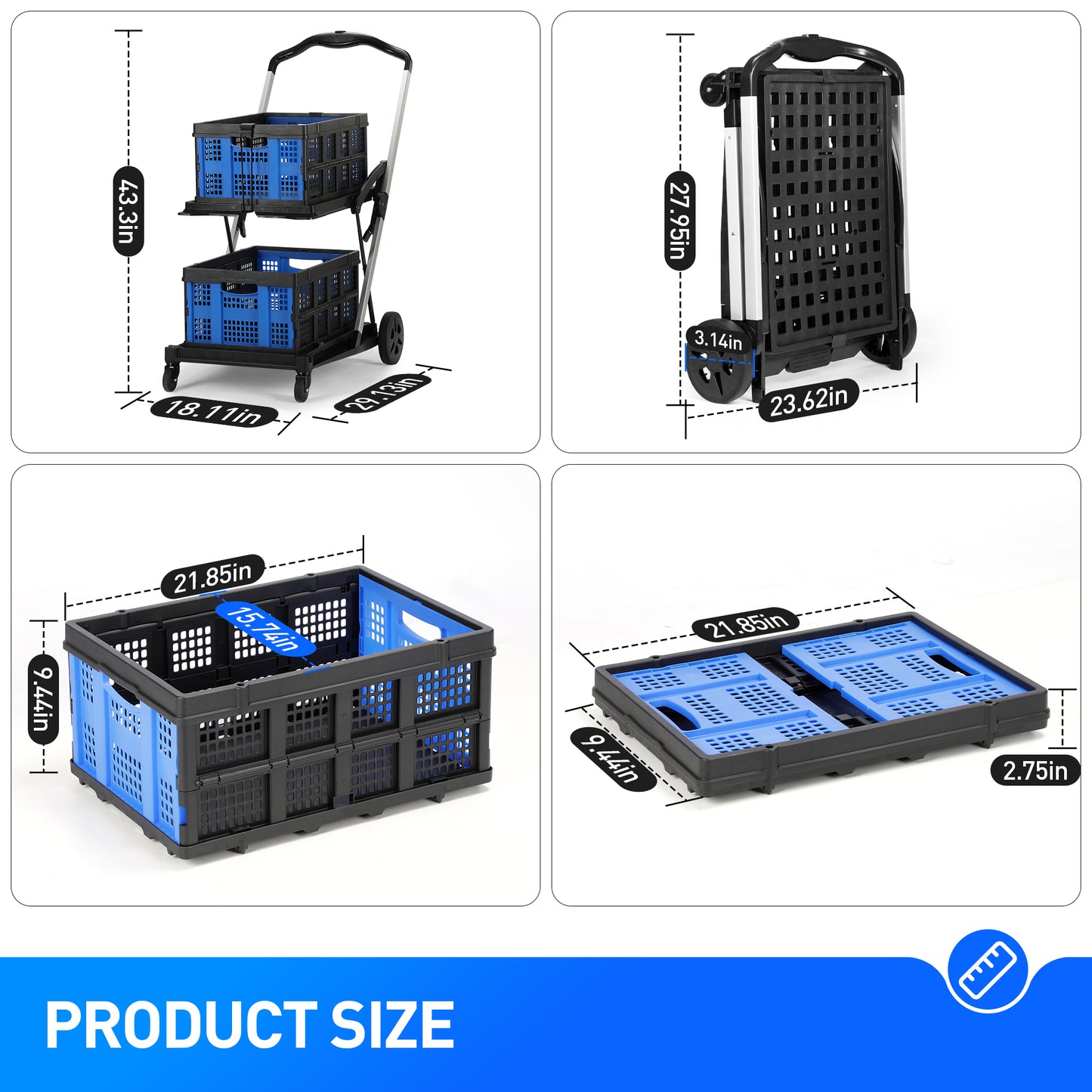 EVMORE 2-Tier Multi Use Functional Collapsible Utility Cart Adjustable Shopping Carts with Storage Crates