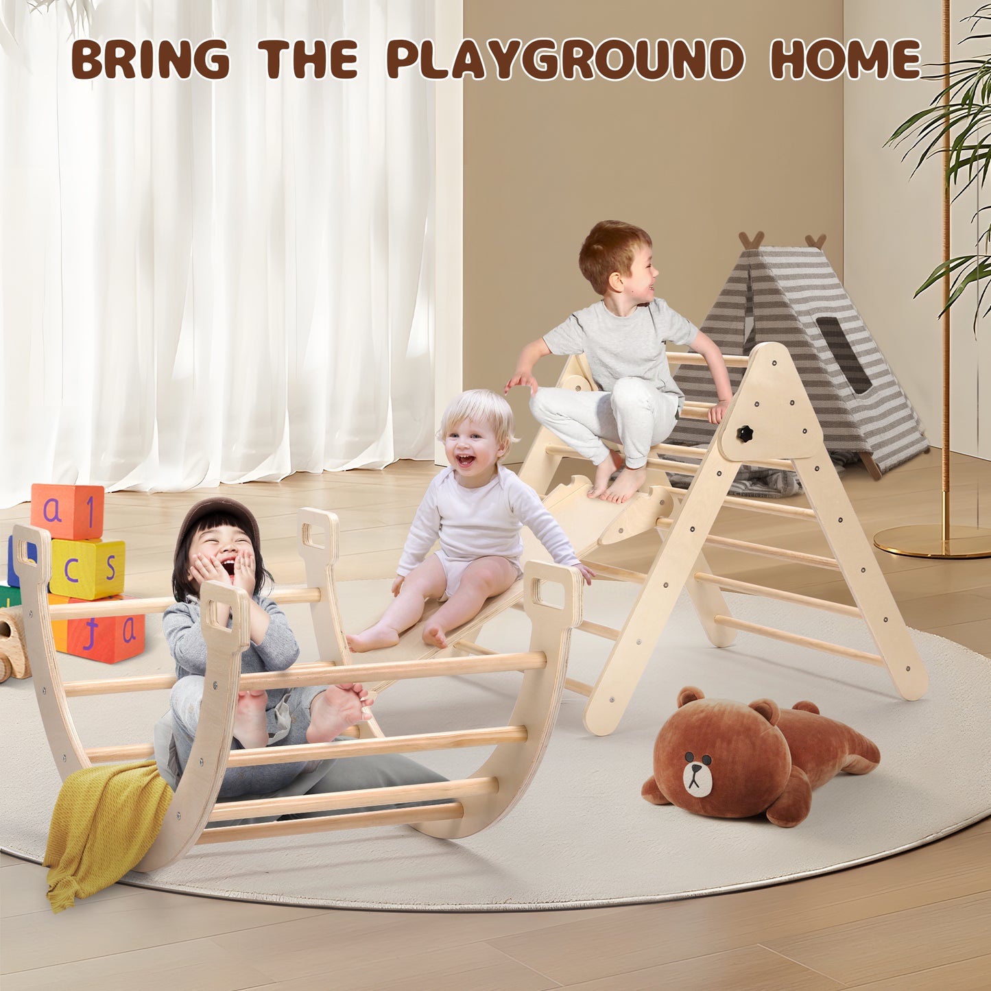 4-in-1 Wooden Climbing Toys Triangle Set Indoor Play Gym for Toddlers Kids