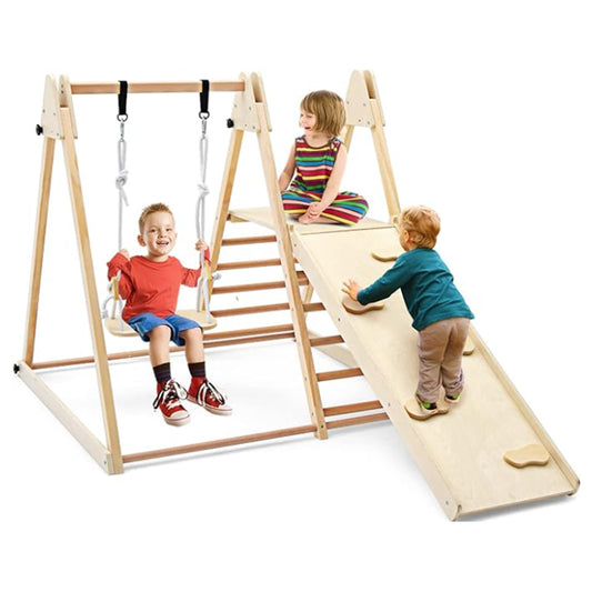 5-in-1 Wooden Slide Swing Set,EVMORE Indoor Outdoor Kids Climber Playset,Slide Swing Ladder Climber