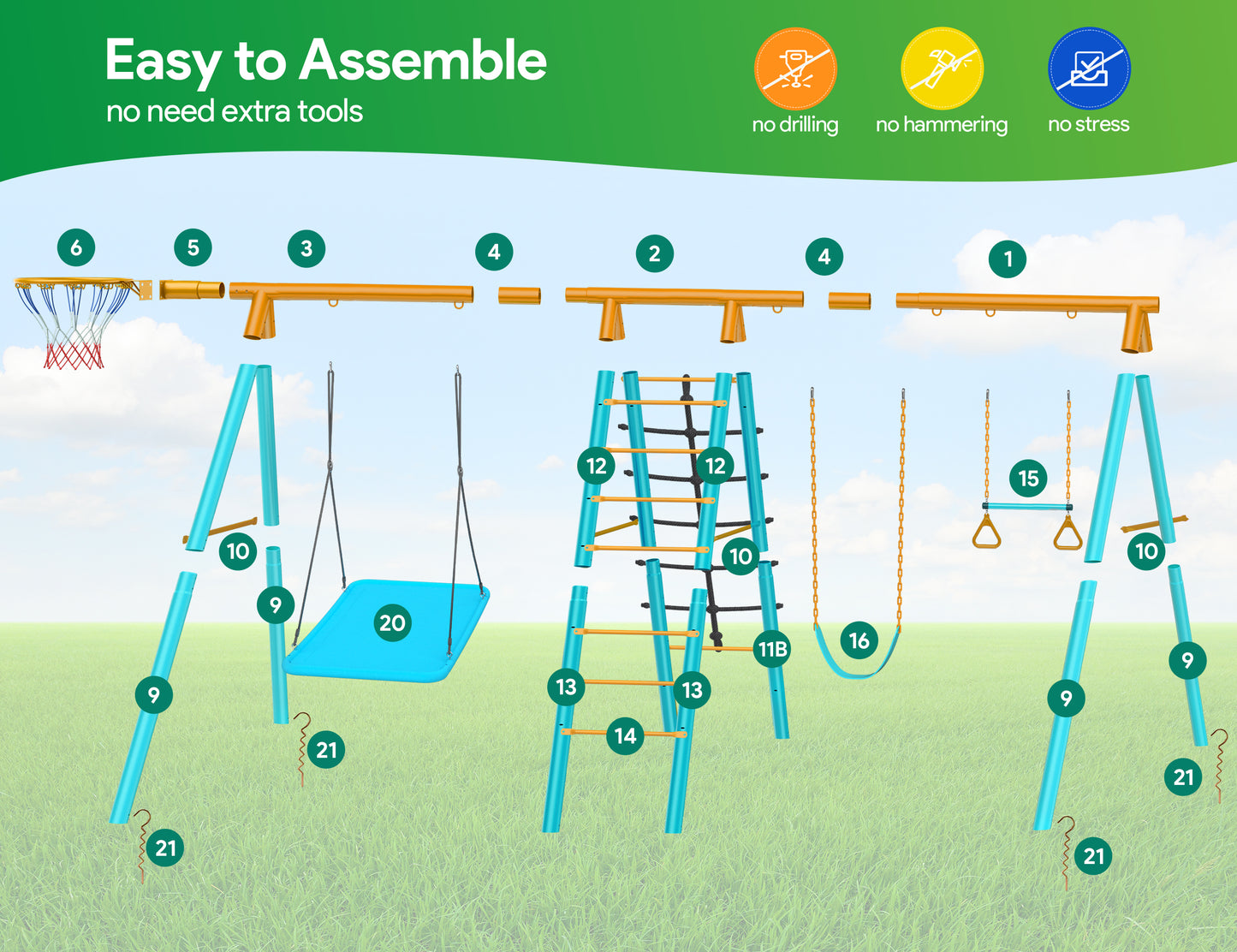 Swing Sets for Backyard,EVMORE Swingset Outdoor for Kids,440LBS Outdoor Metal 6 in 1 Swing Sets with 2 Swings Climbing Ladder and Nets and Trapeze Bar and Basketball Hoop