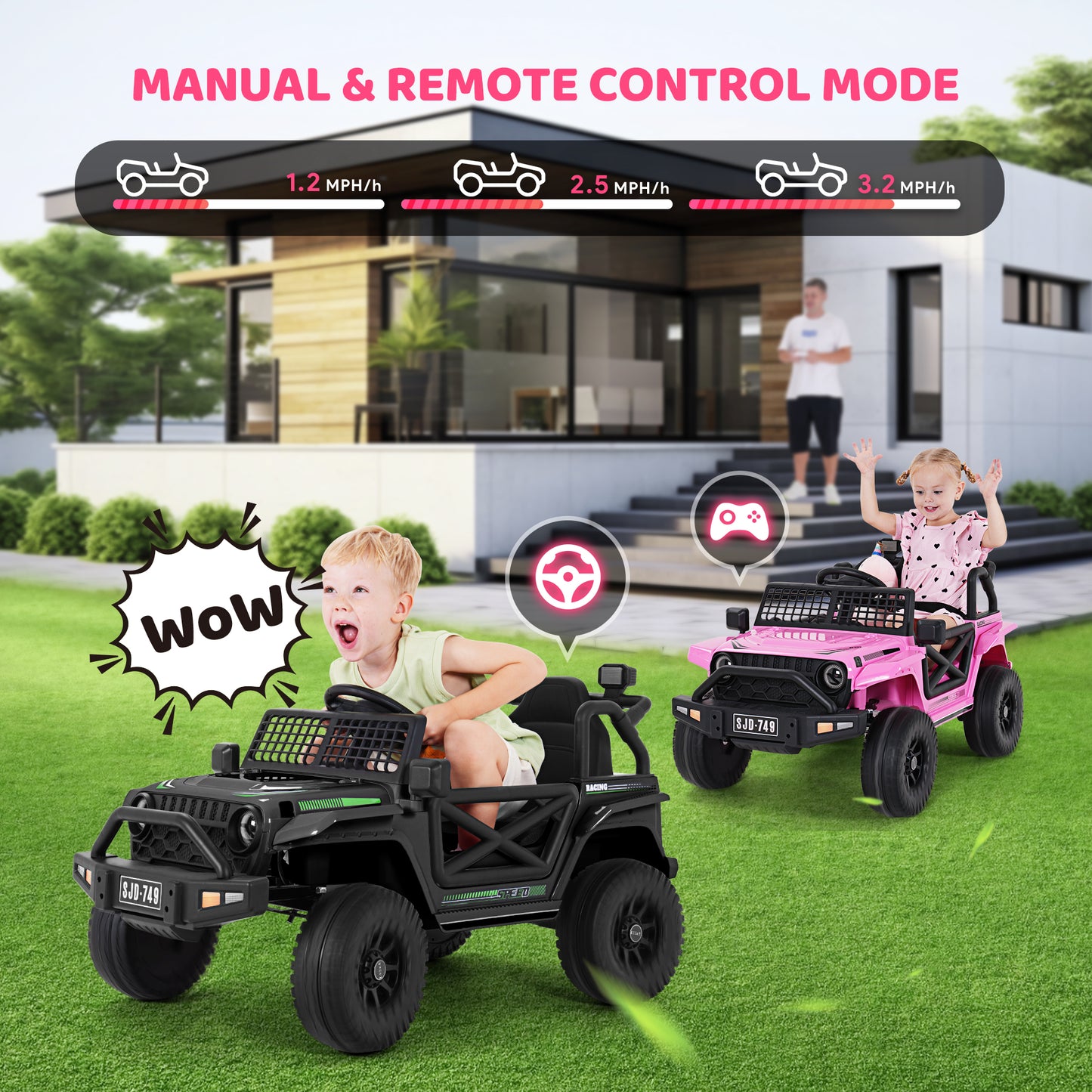 12V Kids Toddler Ride On Truck Electric Car,7Ah Large Battery Kids Powerful Ride On Jeep with Remote Control,2 Speeds,LED Lights,Horn,Music for Kids Toddlers Pink