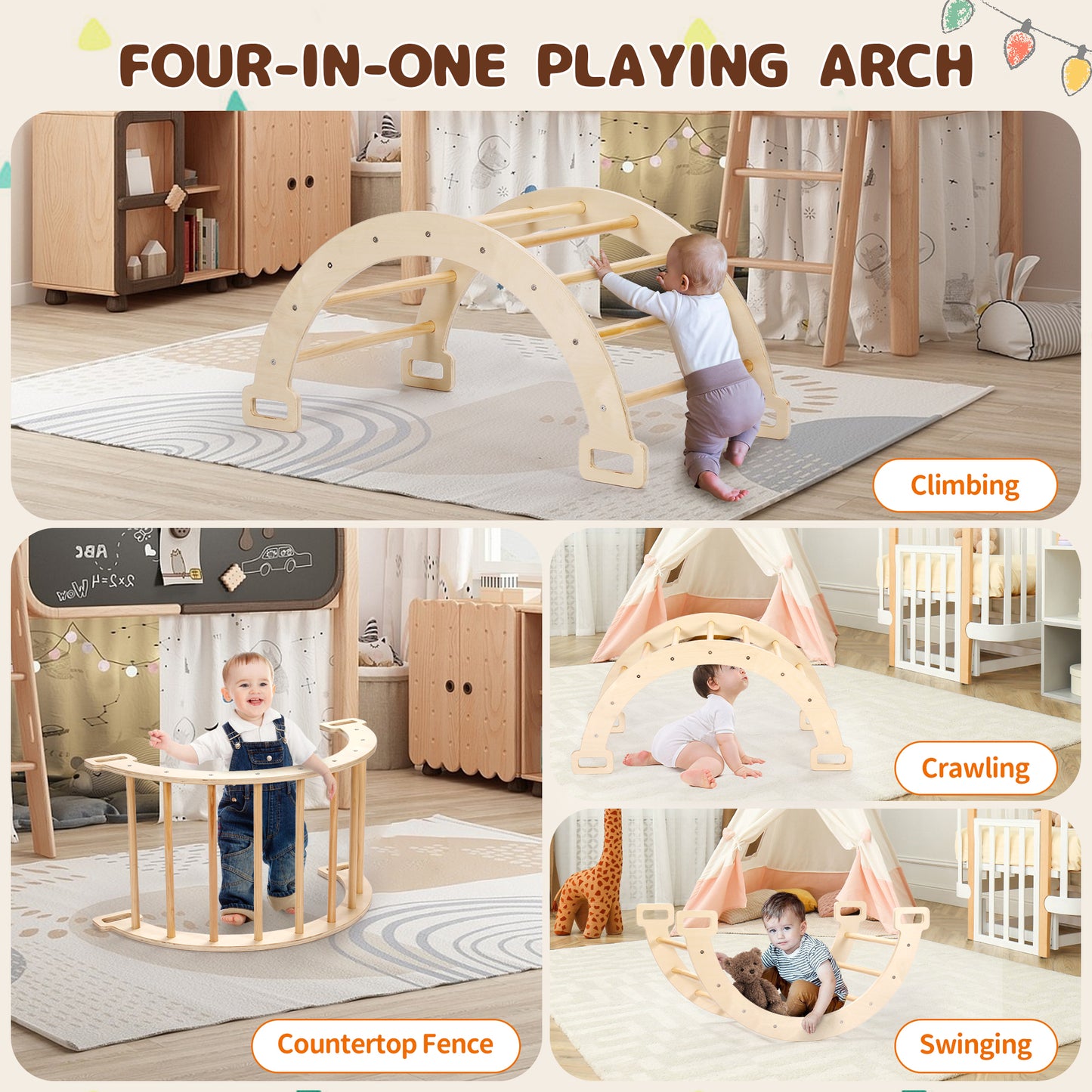 4-in-1 Wooden Climbing Toys Triangle Set Indoor Play Gym for Toddlers Kids