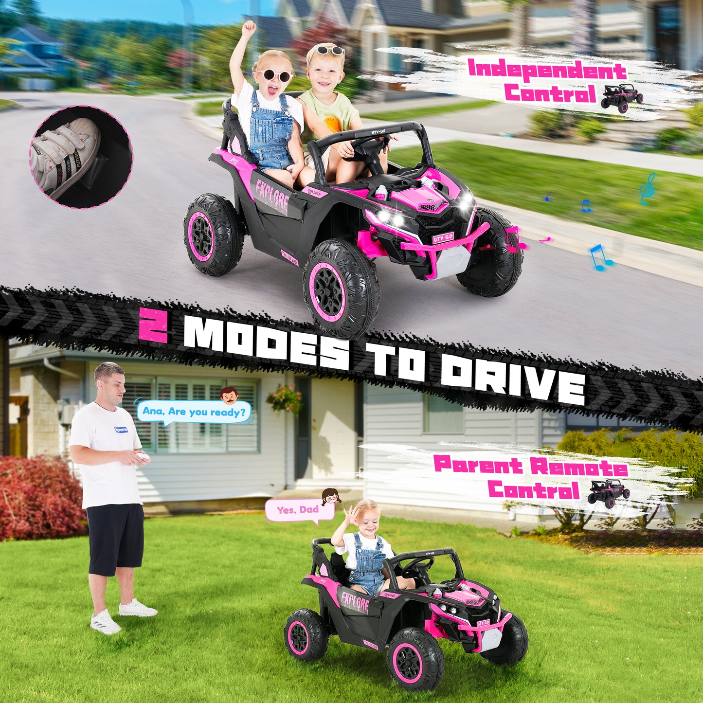 12V Kids Toddler Ride On Truck Electric Car,7Ah Large Battery Kids Powerful Ride On Jeep with Remote Control,2 Speeds,LED Lights,Horn,Music for Kids Toddlers Pink