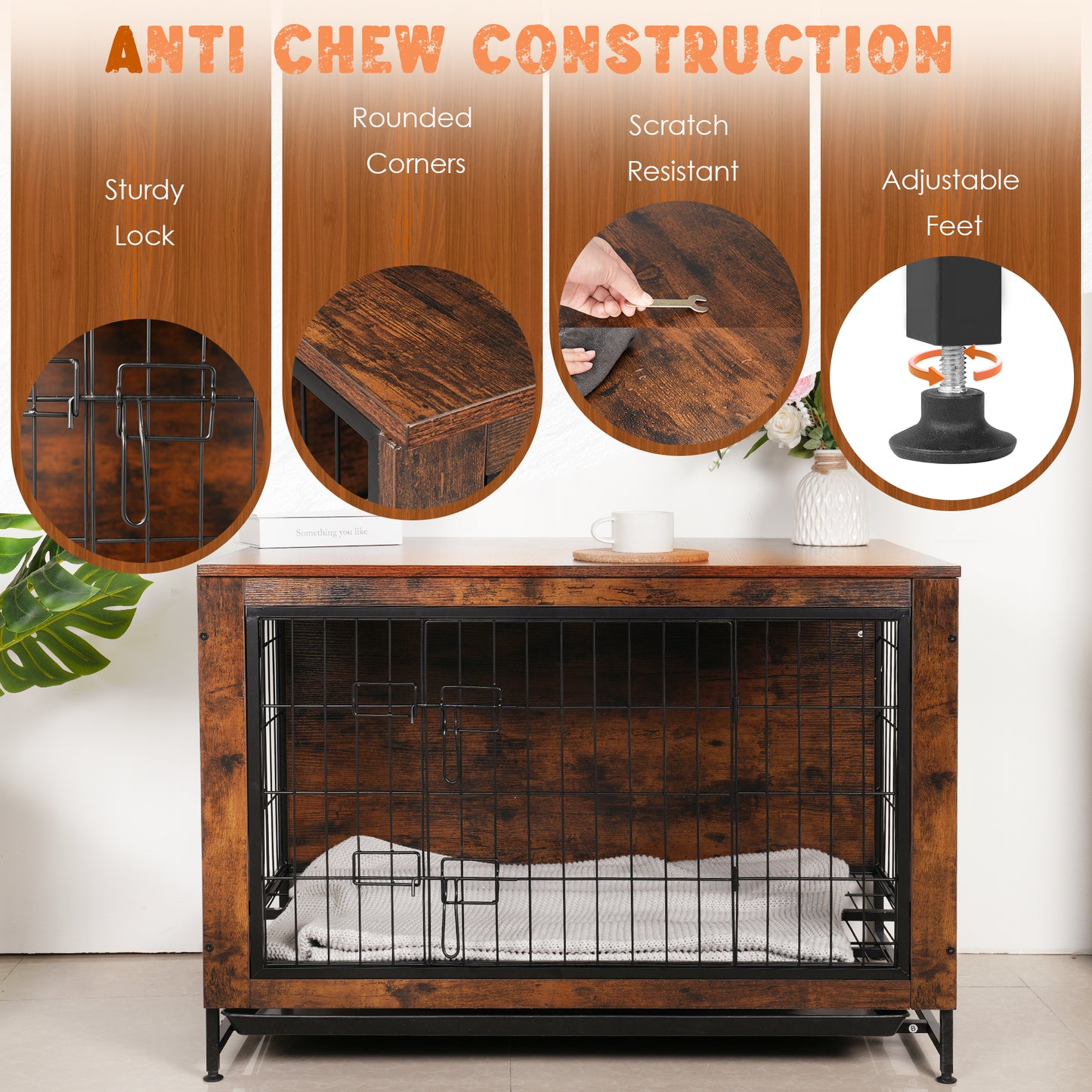 Wooden Dog Crate Furniture Kennel,EVMORE Heavy Duty Dog Crate,Double-Doors with Divider and Removable Tray,Dog Crate for Large Medium Small Dog 35.8"L x 25.6"W x 26.8"H,Brwon