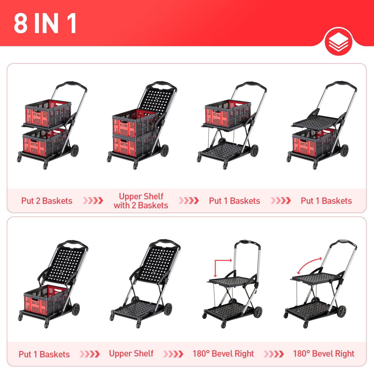 EVMORE 2-Tier Multi Use Functional Collapsible Utility Cart Adjustable Shopping Carts with Storage Crates