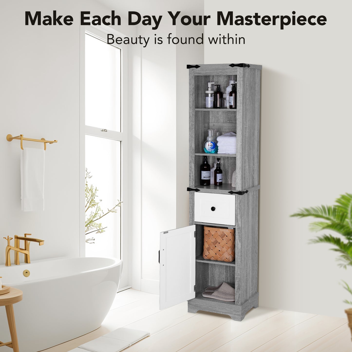 Bathroom Storage Cabinet, Freestanding Narrow Tall Tower with 3 Open Adjustable Shelves and 2 Doors for Bathroom, Living Room, Home Office