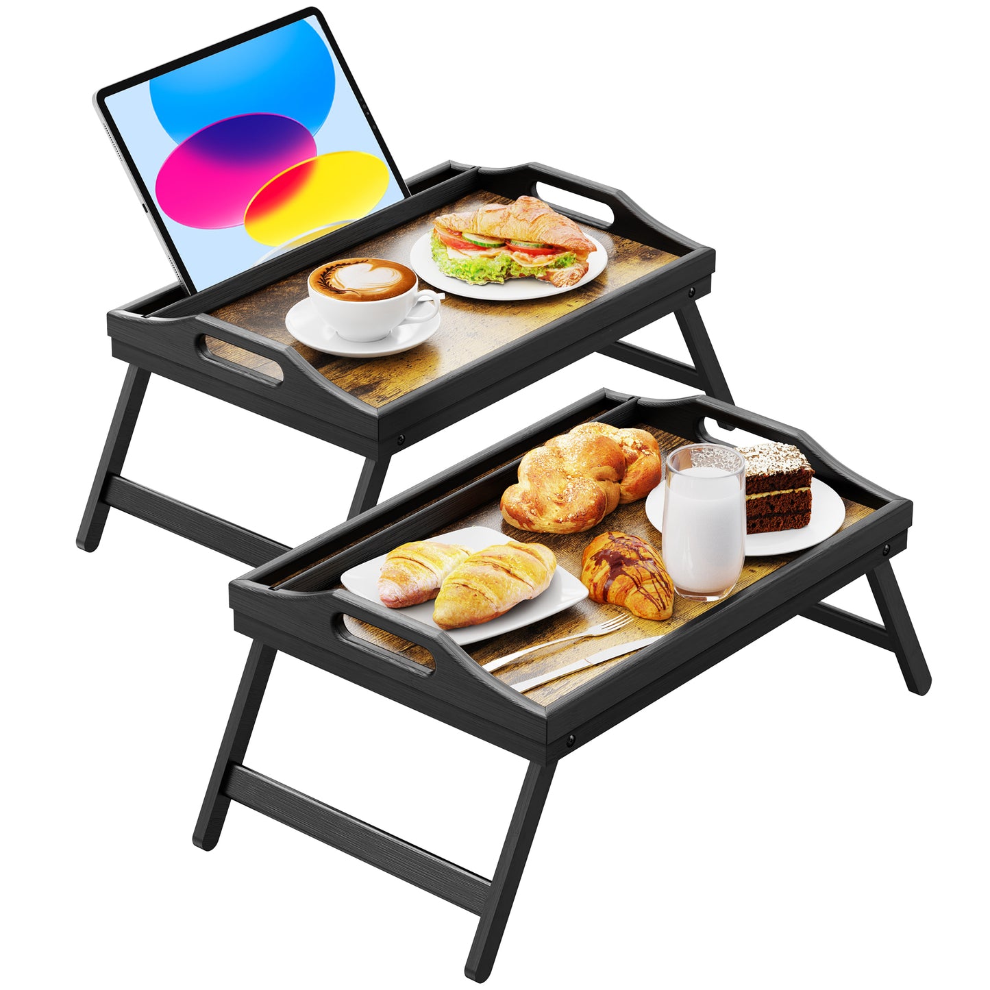 2 PACK Bed Table Tray with Folding Legs & Handles, Bamboo Food Lap Trays Fits for Adult Kids Eating/TV,Black