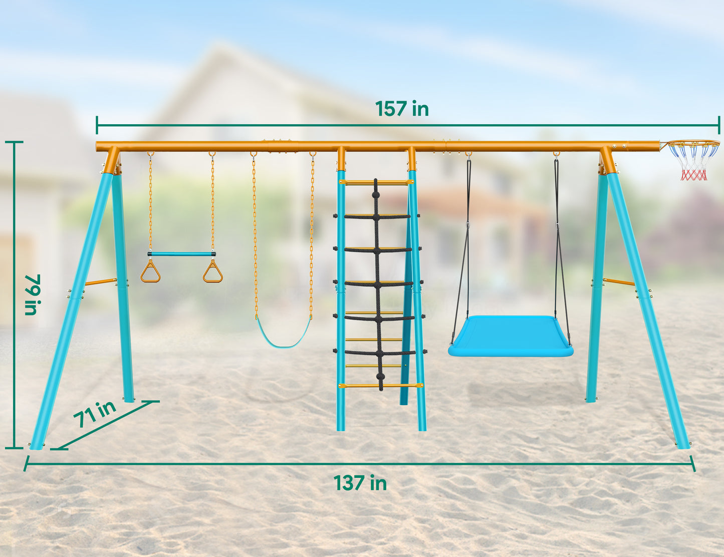 Swing Sets for Backyard,EVMORE Swingset Outdoor for Kids,440LBS Outdoor Metal 6 in 1 Swing Sets with 2 Swings Climbing Ladder and Nets and Trapeze Bar and Basketball Hoop