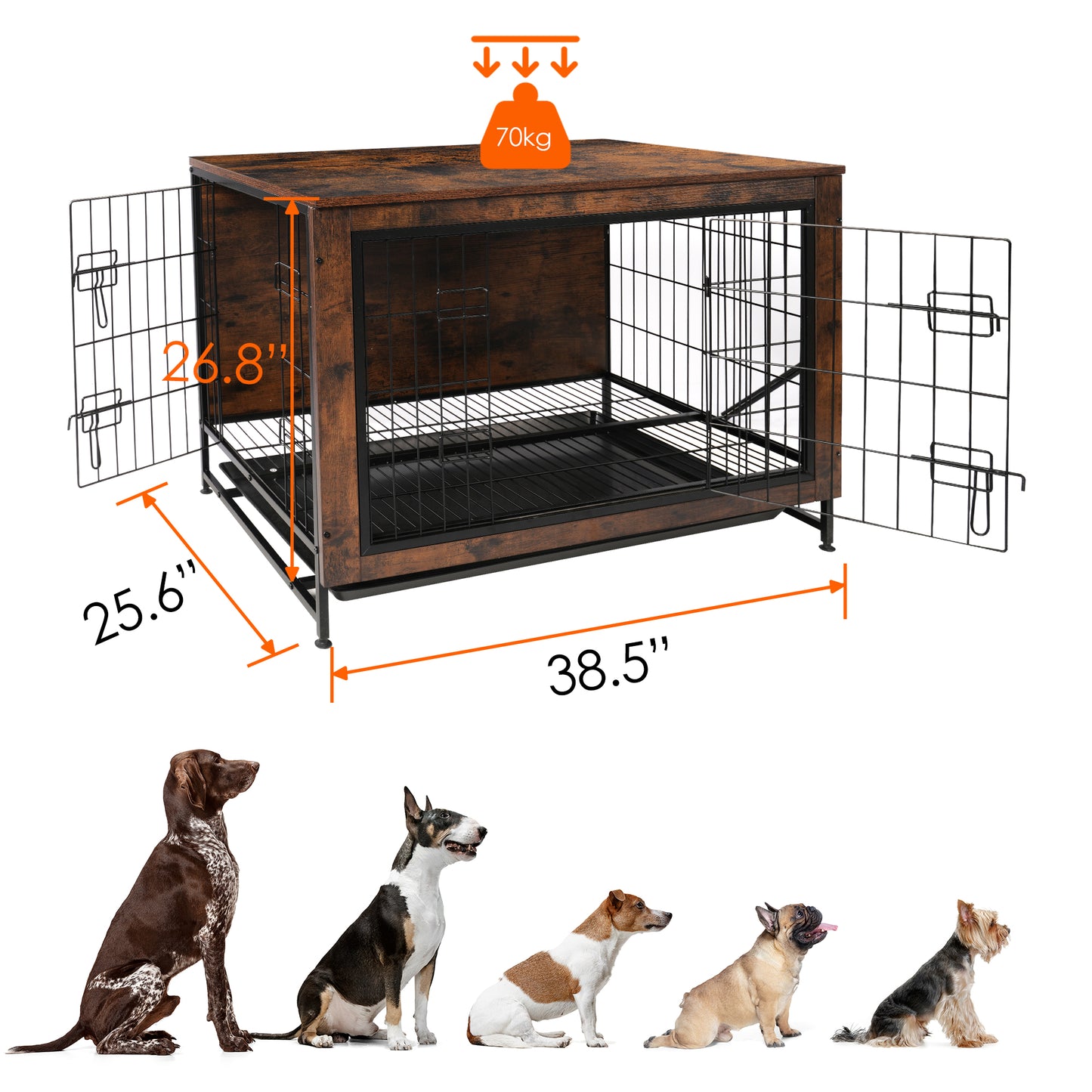 Wooden Dog Crate Furniture Kennel,EVMORE Heavy Duty Dog Crate,Double-Doors with Divider and Removable Tray,Dog Crate for Large Medium Small Dog 35.8"L x 25.6"W x 26.8"H,Brwon