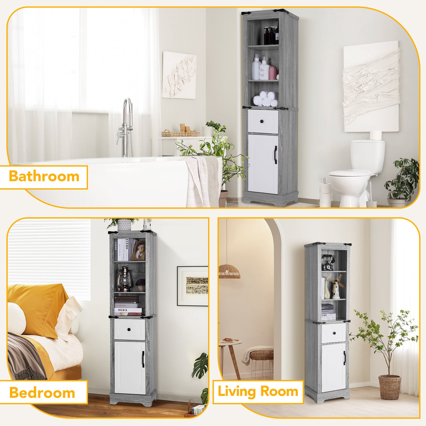 Bathroom Storage Cabinet, Freestanding Narrow Tall Tower with 3 Open Adjustable Shelves and 2 Doors for Bathroom, Living Room, Home Office