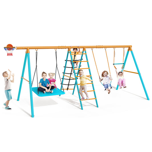 Swing Sets for Backyard,EVMORE Swingset Outdoor for Kids,440LBS Outdoor Metal 6 in 1 Swing Sets with 2 Swings Climbing Ladder and Nets and Trapeze Bar and Basketball Hoop