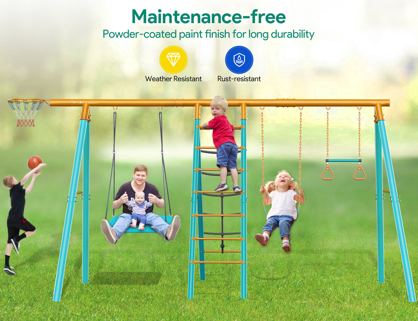 Swing Sets for Backyard,EVMORE Swingset Outdoor for Kids,440LBS Outdoor Metal 6 in 1 Swing Sets with 2 Swings Climbing Ladder and Nets and Trapeze Bar and Basketball Hoop