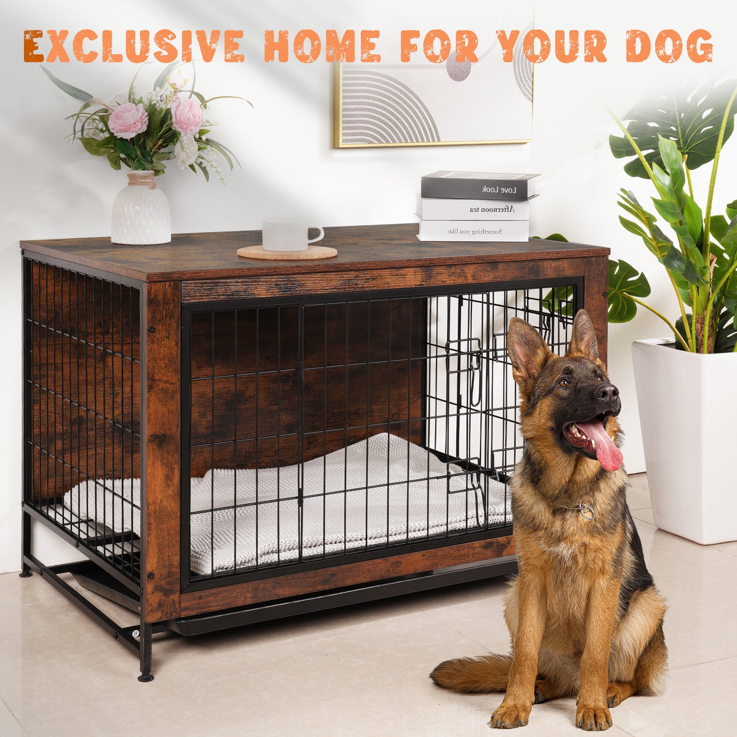 Wooden Dog Crate Furniture Kennel,EVMORE Heavy Duty Dog Crate,Double-Doors with Divider and Removable Tray,Dog Crate for Large Medium Small Dog 35.8"L x 25.6"W x 26.8"H,Brwon