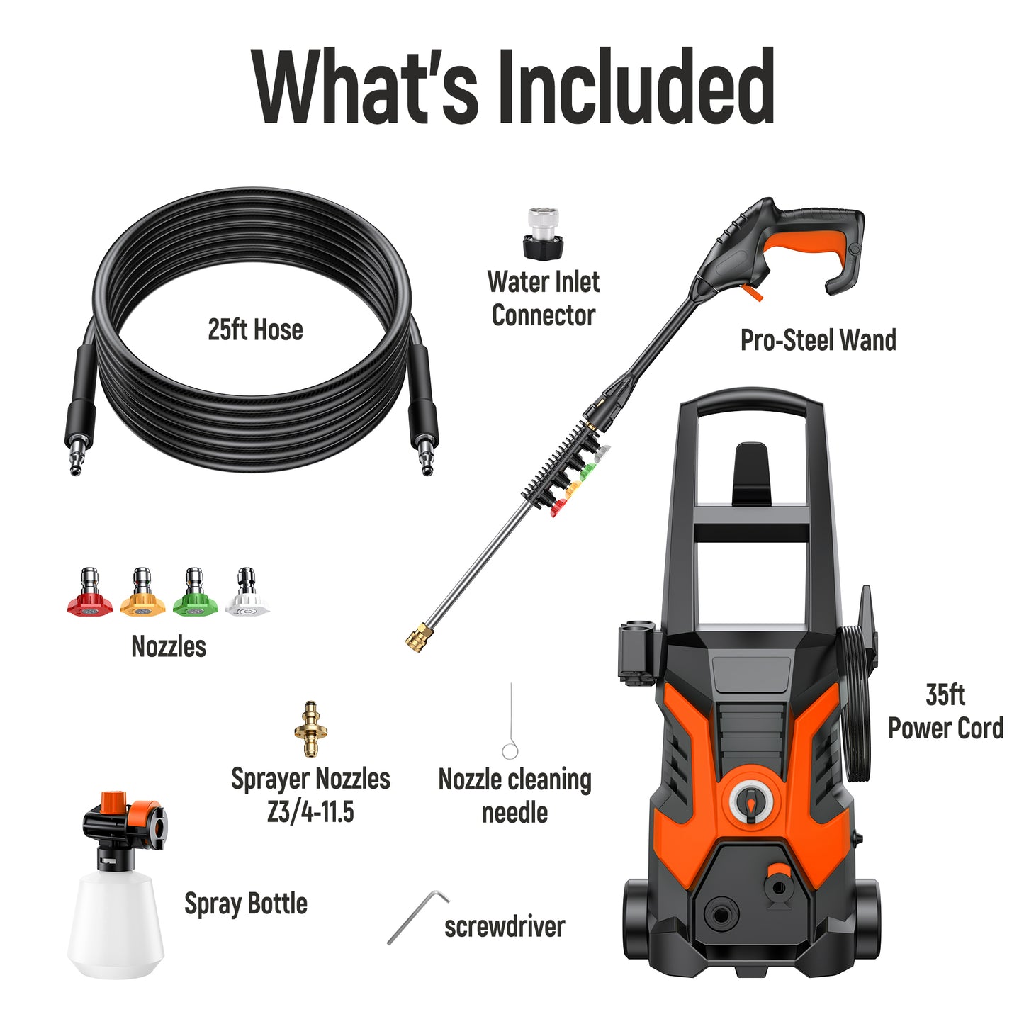 Electric Pressure Washer,2500 PSI Pressure Cleaner Wash Machine with Upgraded Swivel Joint, 4 Nozzles Tips 25 FT Hose for Car/Patios/Garden/Fences-Orange