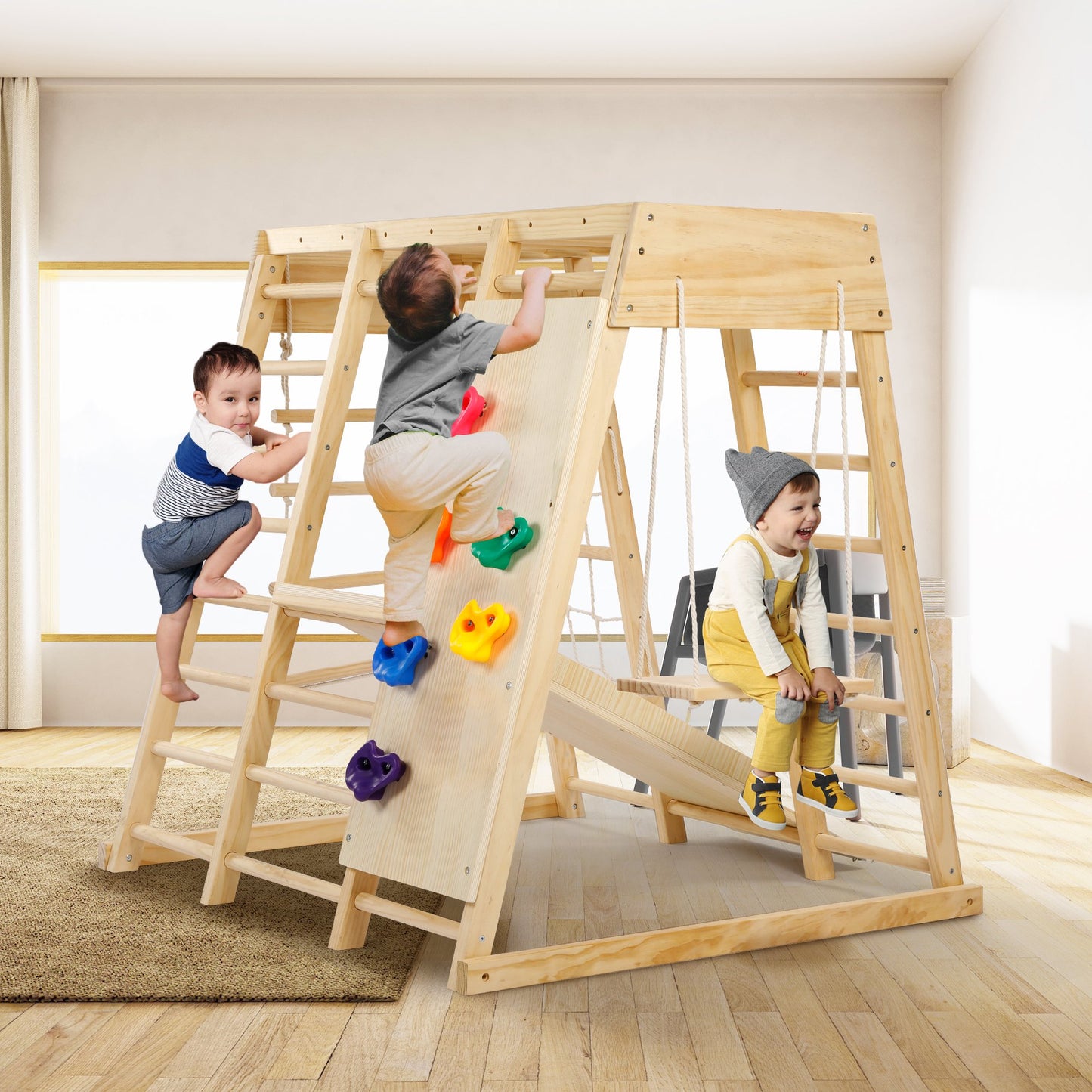 8-in-1 Wooden Jungle Gym Playground Climbing Toys, Climber Playset with Rope Wall Climb, Monkey Bars and Swing for Boys Girls