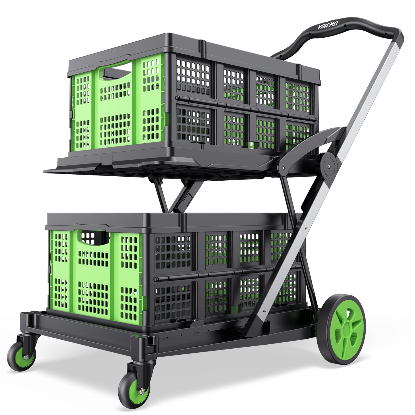 2-Tier Multi Use Functional Collapsible Utility Carts with 2 Storage Crates, Adjustable Portable Folding Shopping Cart Trolley for Home Office Warehouse