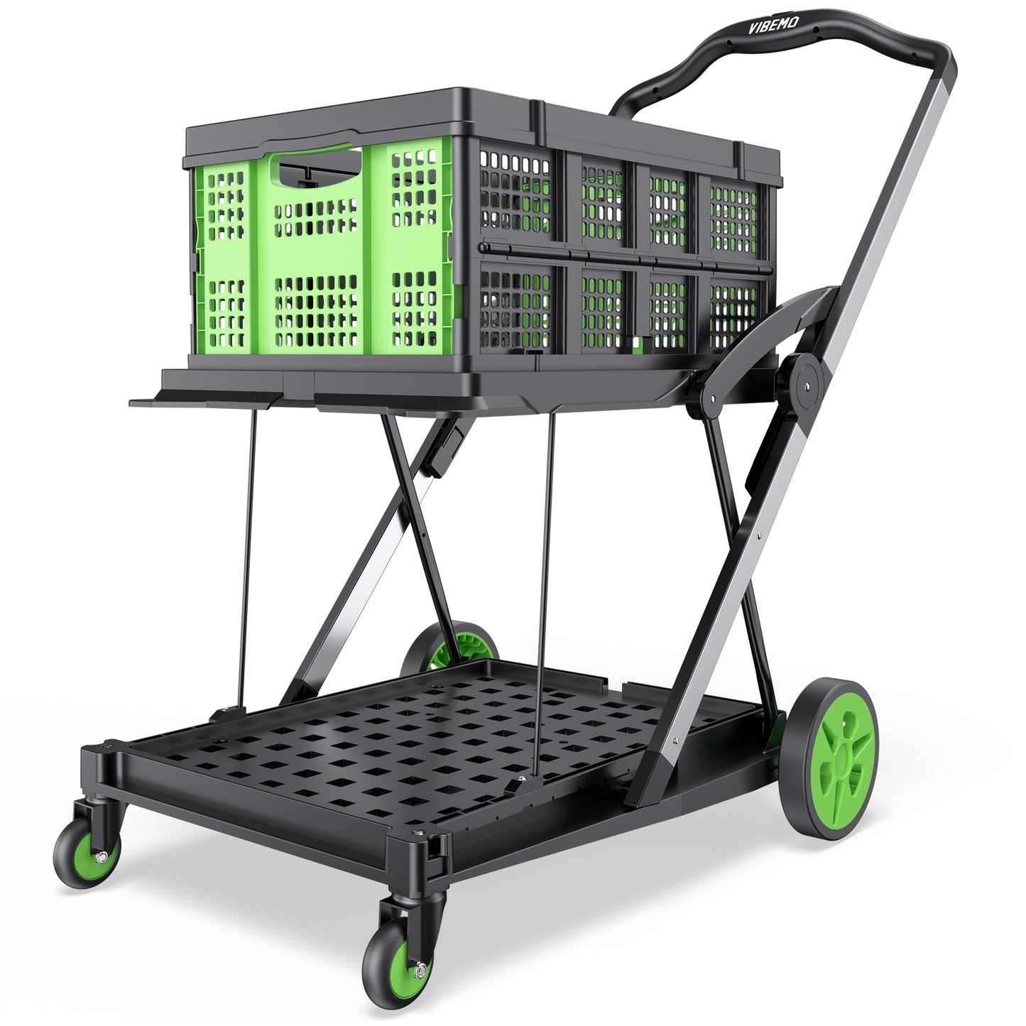 2-Tier Multi Use Functional Collapsible Utility Carts with 2 Storage Crates, Adjustable Portable Folding Shopping Cart Trolley for Home Office Warehouse