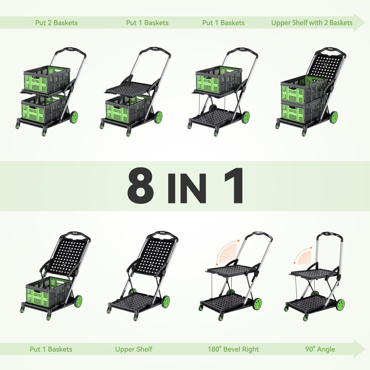 2-Tier Multi Use Functional Collapsible Utility Carts with 2 Storage Crates, Adjustable Portable Folding Shopping Cart Trolley for Home Office Warehouse