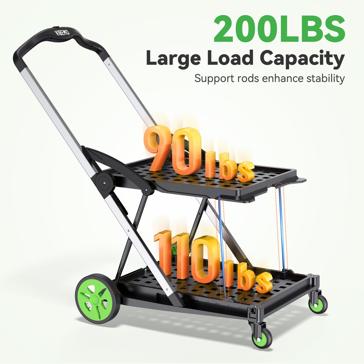 2-Tier Multi Use Functional Collapsible Utility Carts with 2 Storage Crates, Adjustable Portable Folding Shopping Cart Trolley for Home Office Warehouse