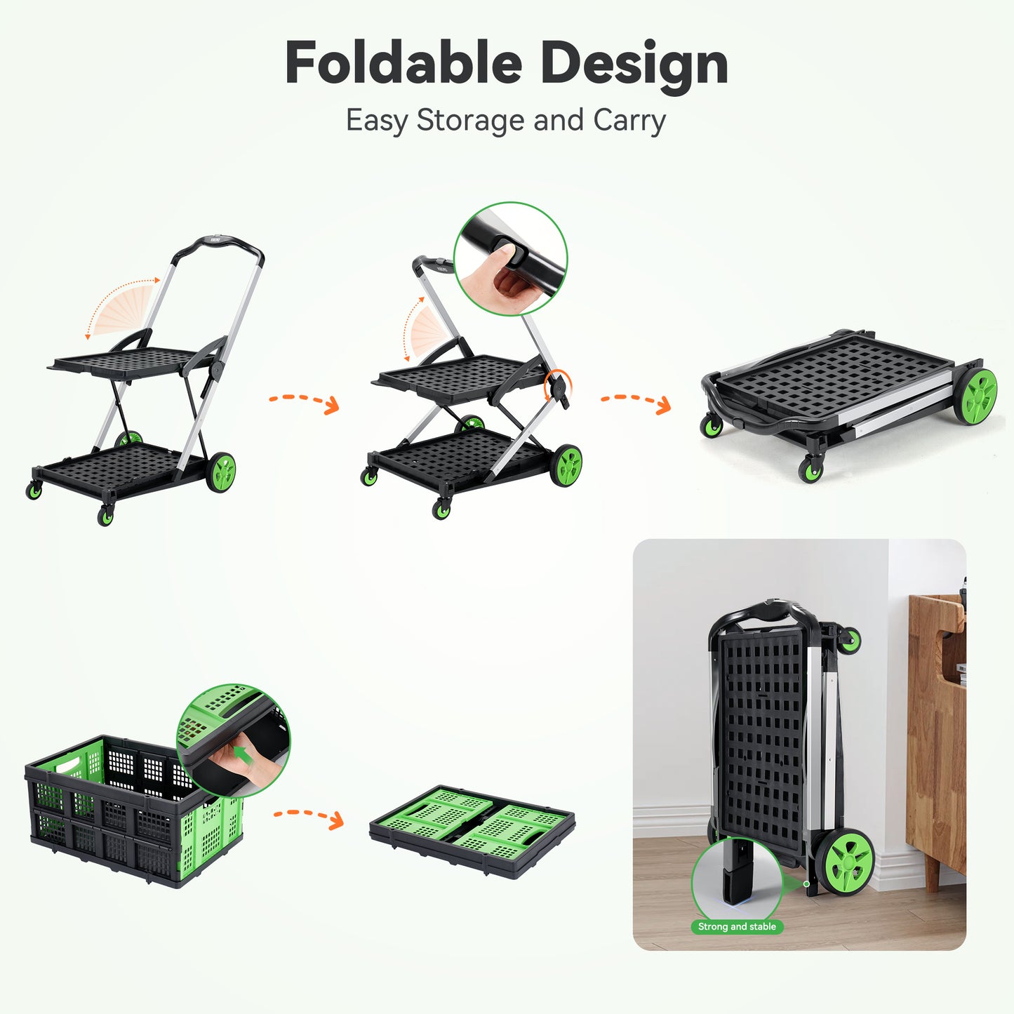 2-Tier Multi Use Functional Collapsible Utility Carts with 2 Storage Crates, Adjustable Portable Folding Shopping Cart Trolley for Home Office Warehouse