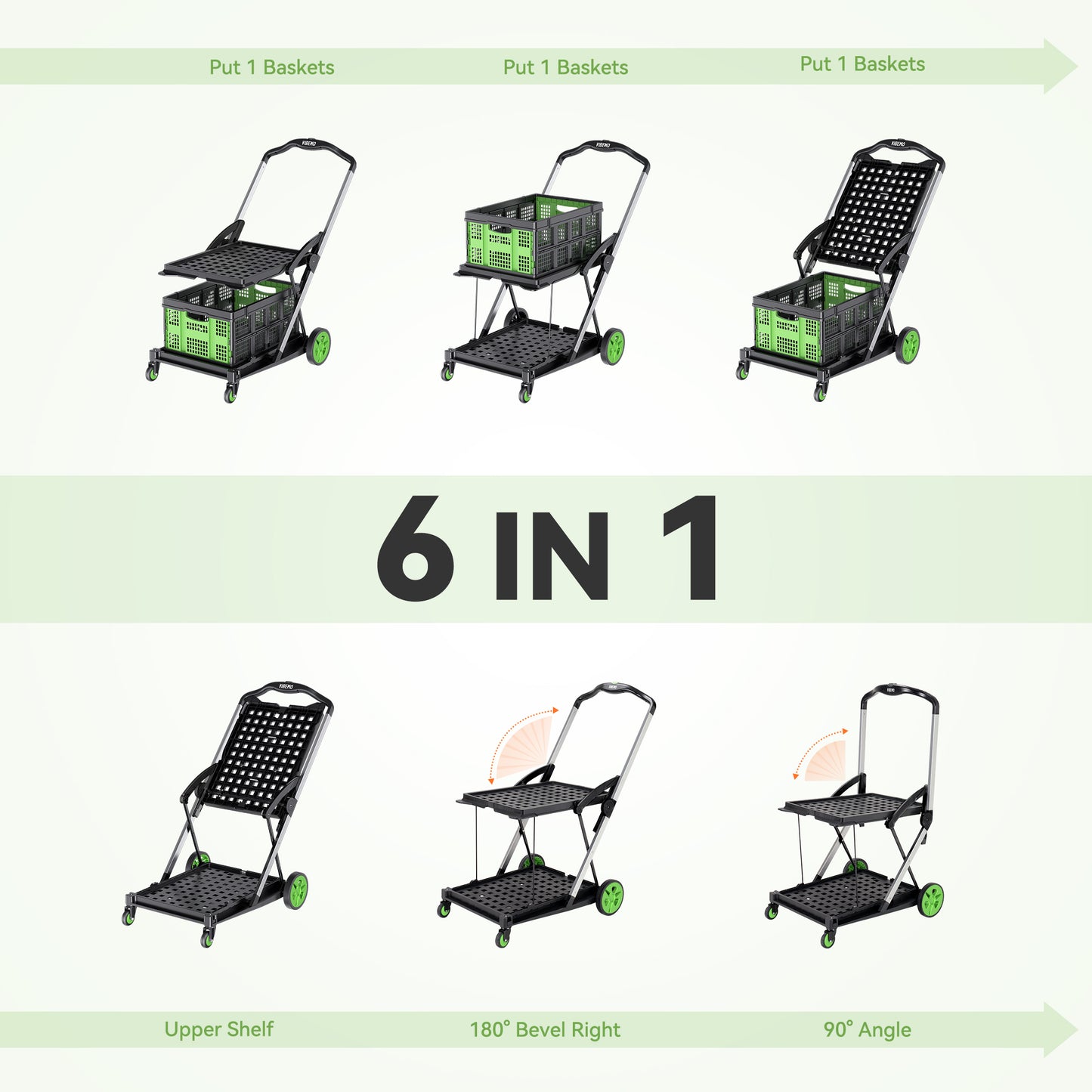 2-Tier Multi Use Functional Collapsible Utility Carts with 1 Storage Crate, Adjustable Portable Folding Shopping Cart Trolley for Home Office Warehouse