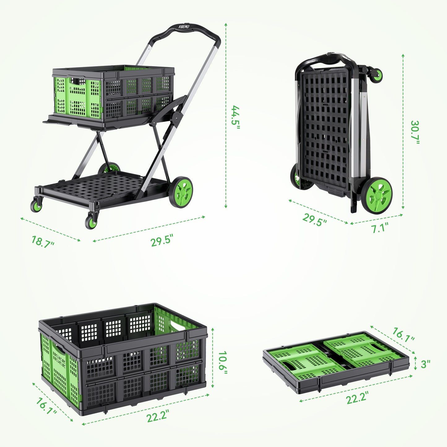 2-Tier Multi Use Functional Collapsible Utility Carts with 1 Storage Crate, Adjustable Portable Folding Shopping Cart Trolley for Home Office Warehouse