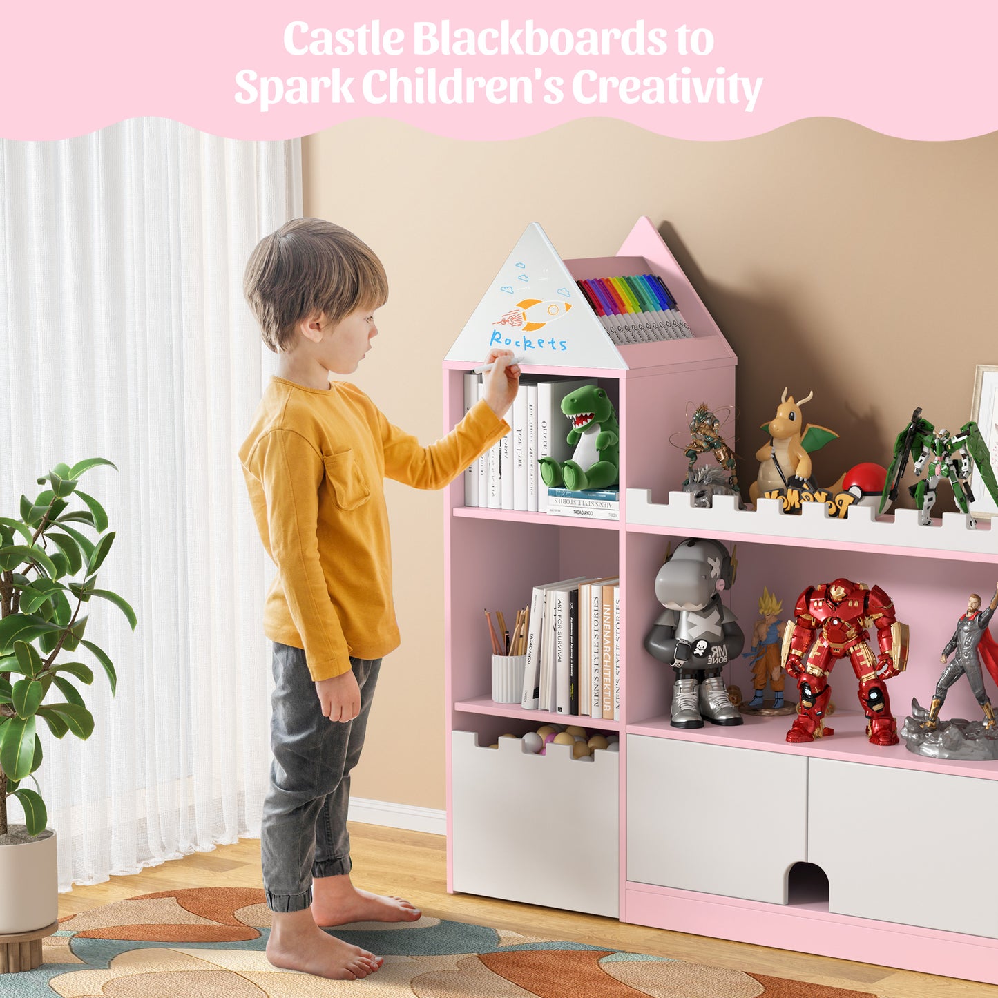 EVMORE Kids Wood Castle Bookshelf, Toy Storage Organizer Children Bookcase Nursery, Playroom, Living Room