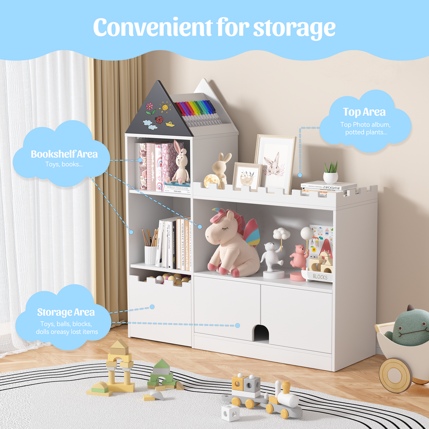 EVMORE Kids Wood Castle Bookshelf, Toy Storage Organizer Children Bookcase Nursery, Playroom, Living Room