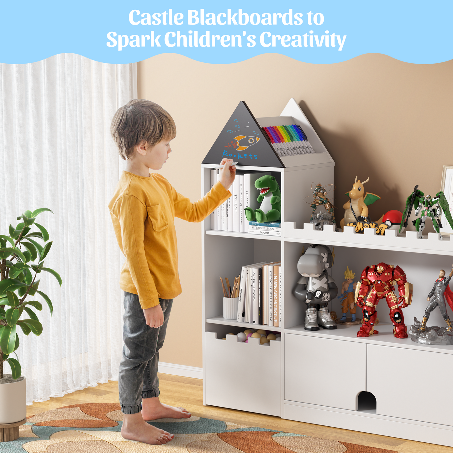 EVMORE Kids Wood Castle Bookshelf, Toy Storage Organizer Children Bookcase Nursery, Playroom, Living Room