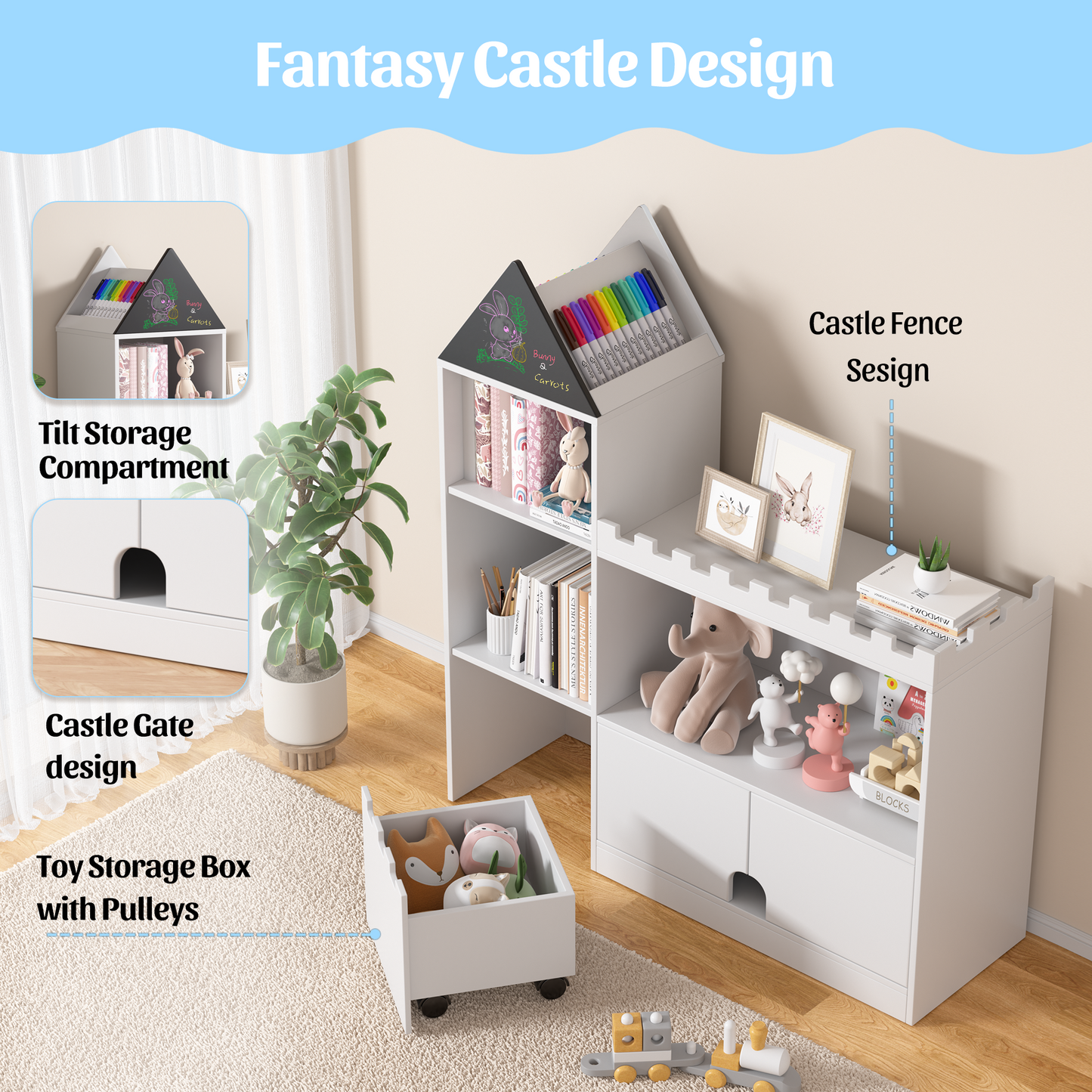 EVMORE Kids Wood Castle Bookshelf, Toy Storage Organizer Children Bookcase Nursery, Playroom, Living Room