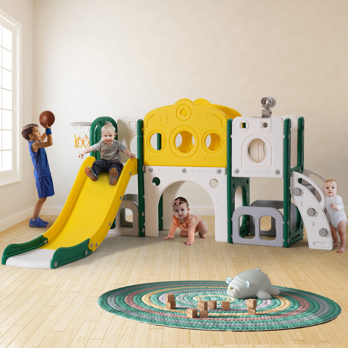 8 in 1 Toddler Slide Playset with Climber, Basketball Hoop,Tunnel and Storage Space for Toddlers Playground Outdoor Indoor