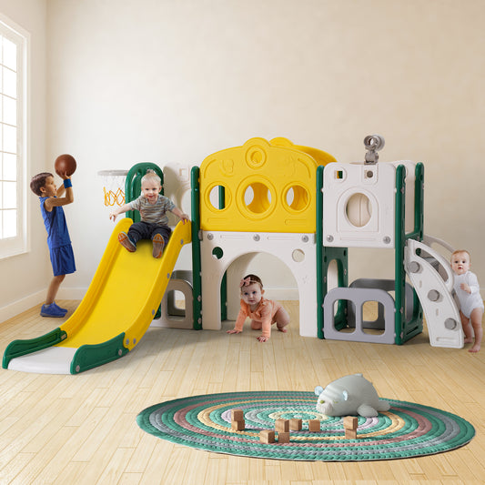 8 in 1 Toddler Slide Playset with Climber, Basketball Hoop,Tunnel and Storage Space for Toddlers Playground Outdoor Indoor