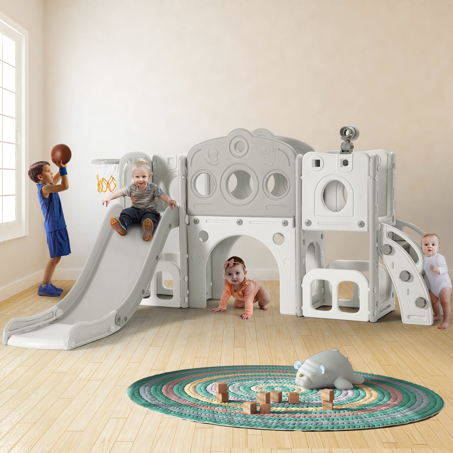 8 in 1 Toddler Slide Playset with Climber, Basketball Hoop,Tunnel and Storage Space for Toddlers Playground Outdoor Indoor