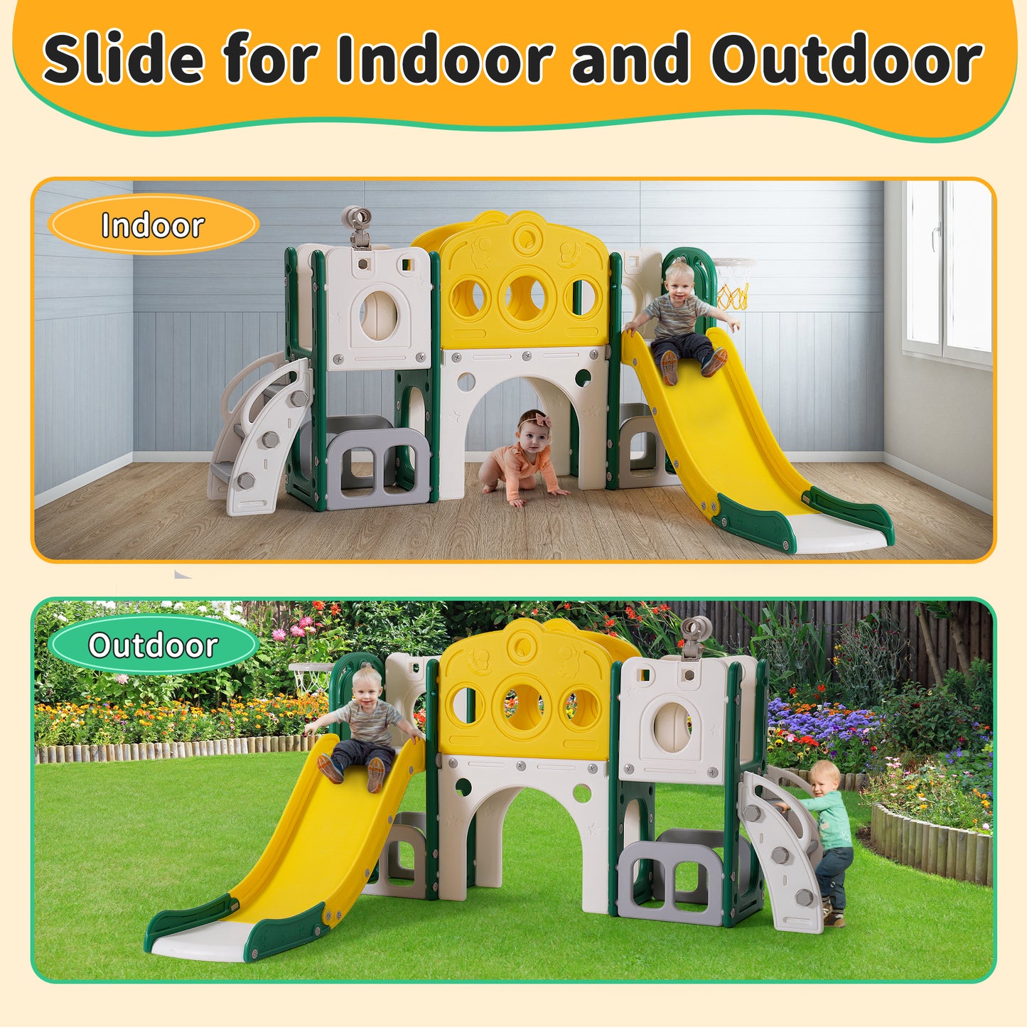 8 in 1 Toddler Slide Playset with Climber, Basketball Hoop,Tunnel and Storage Space for Toddlers Playground Outdoor Indoor