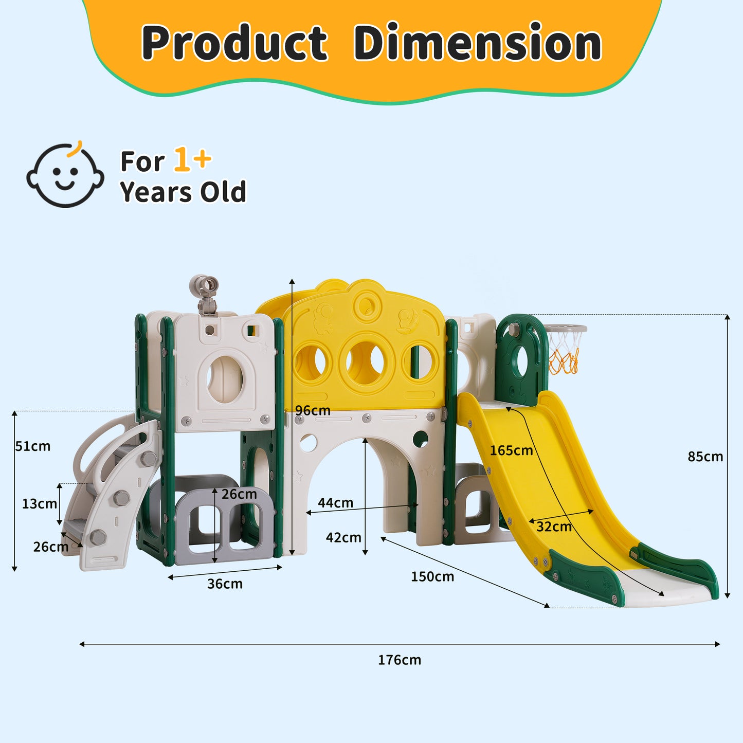 8 in 1 Toddler Slide Playset with Climber, Basketball Hoop,Tunnel and Storage Space for Toddlers Playground Outdoor Indoor