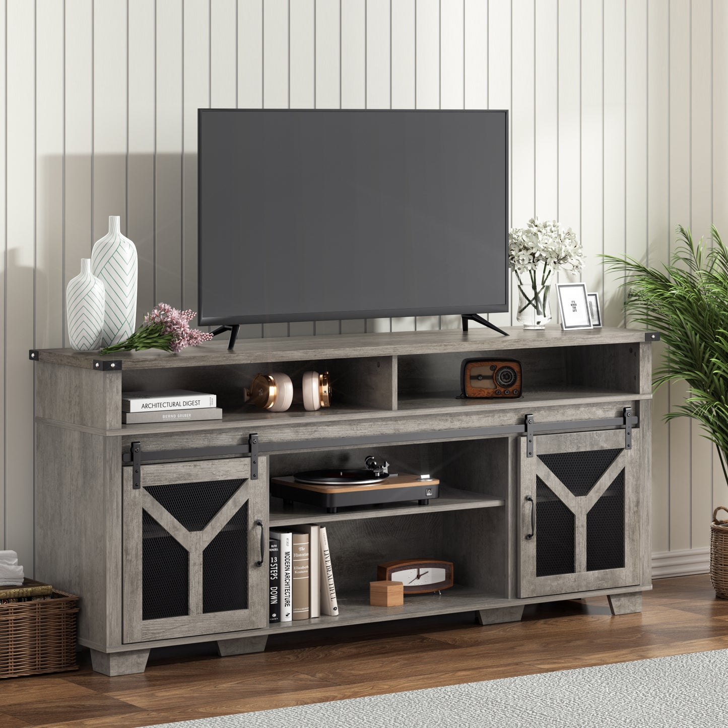 Farmhouse Barn Door LED TV Stand for 75" TVs, Entertainment Center Rustic Console Cabinet with Storage and Adjustable Shelf for Living Room Bedroom,Grey