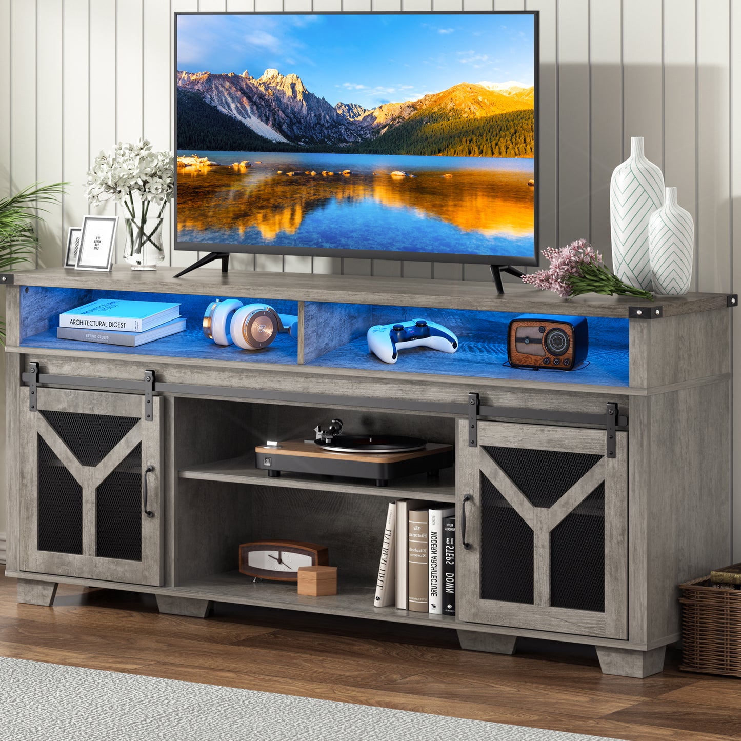 Farmhouse Barn Door LED TV Stand for 75" TVs, Entertainment Center Rustic Console Cabinet with Storage and Adjustable Shelf for Living Room Bedroom,Grey