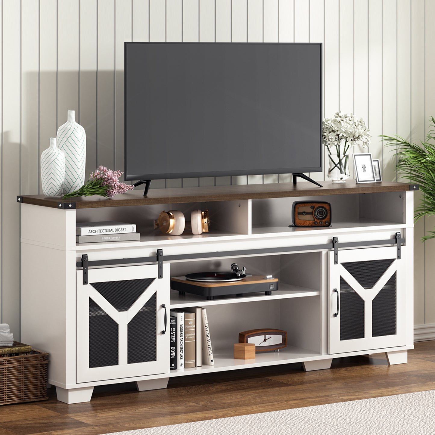 Farmhouse Barn Door LED TV Stand for 75" TVs, Entertainment Center Rustic Console Cabinet with Storage and Adjustable Shelf for Living Room Bedroom,White